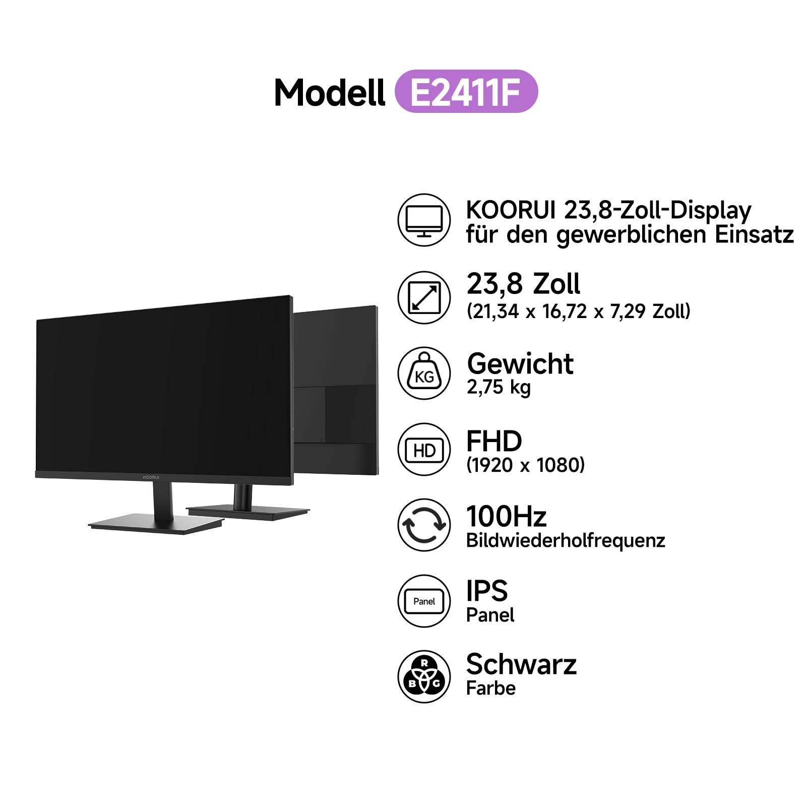 KOORUI E2411F 23.8 Zoll Bildschirm,Full HD Monitor 1920x1080,100Hz PC Monitor,IPS Eye Care,HDMI&VGA,VESA 100 x 100 mm