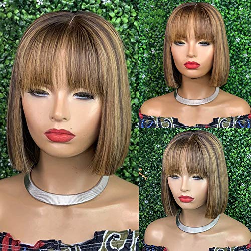 4/27 Bob Wigs with Bangs 100% Brazilian Human hair Straight Bob Wig 10 Inch Chocolate Brown/Caramel Blonde Short Machine Made Bob Wigs for Women.