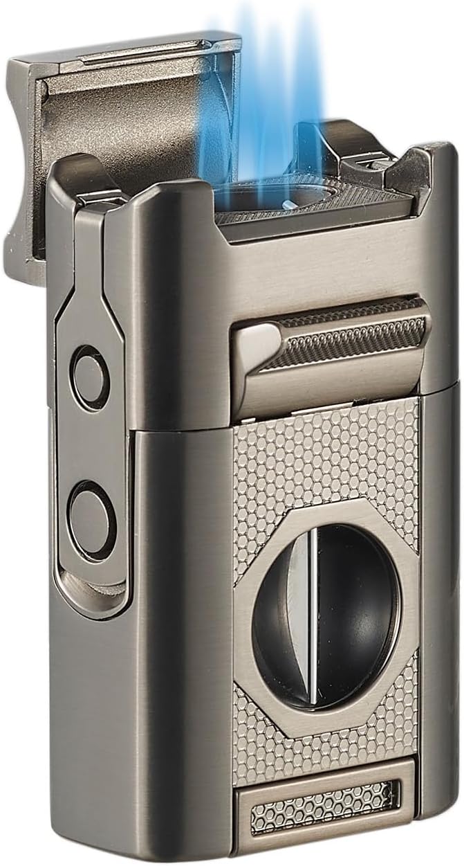 Visol Joplin Quad Torch Multi-Tool Table Lighter, Built in Guillotine and Wedge Cutters, Butane Refillable Adjustable Flame Lighter (Shipped Without Butane) (Gunmetal)