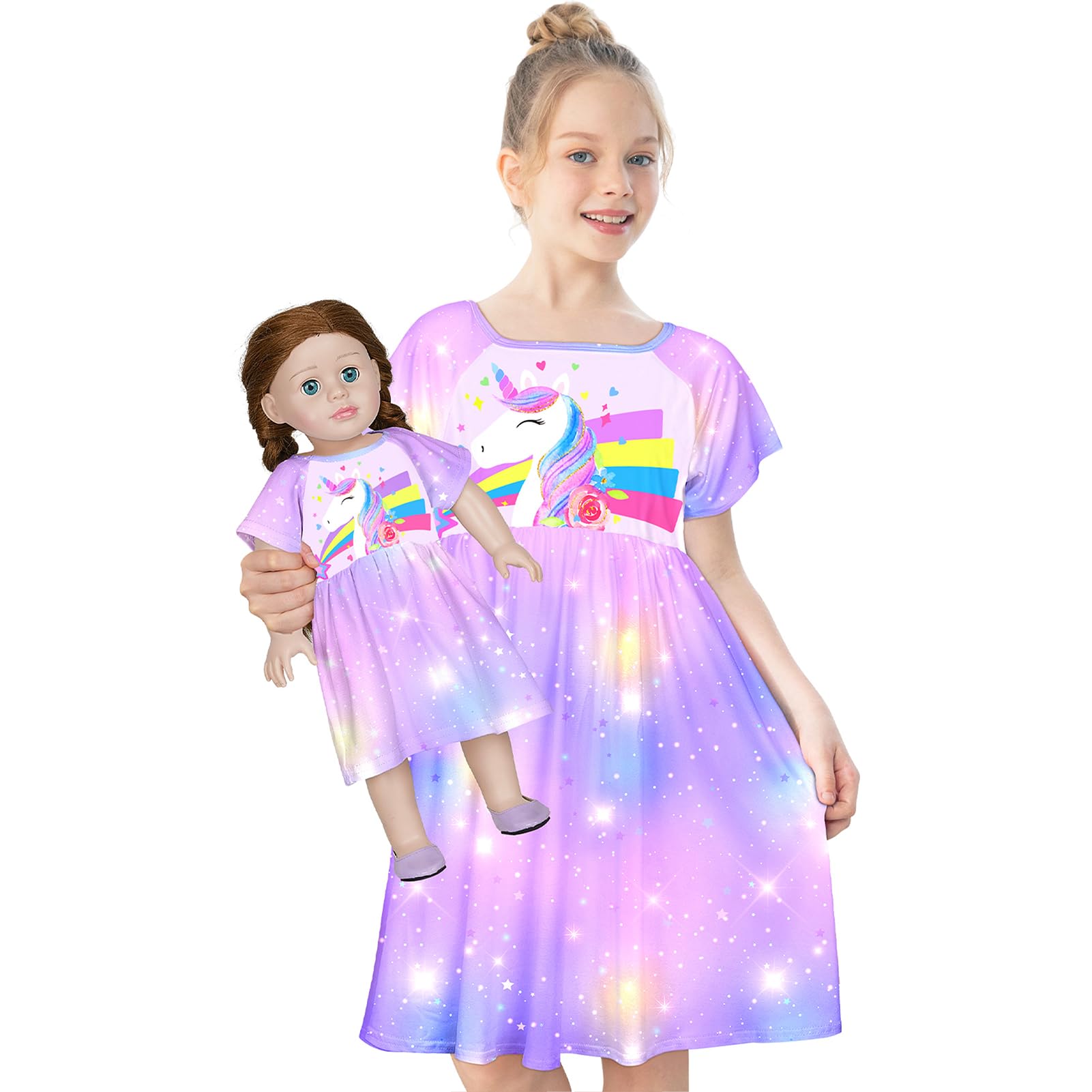 Play Tailor Doll & Girl Matching Nightgown for 18" Doll Clothes Accessories | Doll Not Included, Doll Clothes for 18 Inch Dolls, Birthday Christmas Gift, Soft Breathable Stretch Fabric, Knee Length