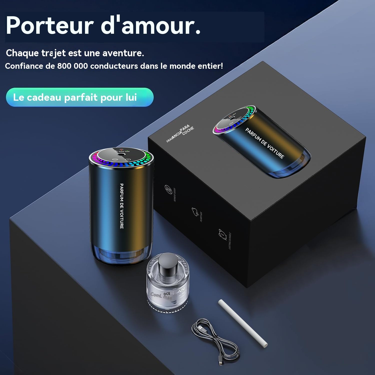 Désodorisant électrique de voiture 2025 avec parfum de 50 ml (Cologne), diffuseur à ultrasons, 3 modes intelligents, allumage/arrêt automatique, batterie rechargeable intégrée