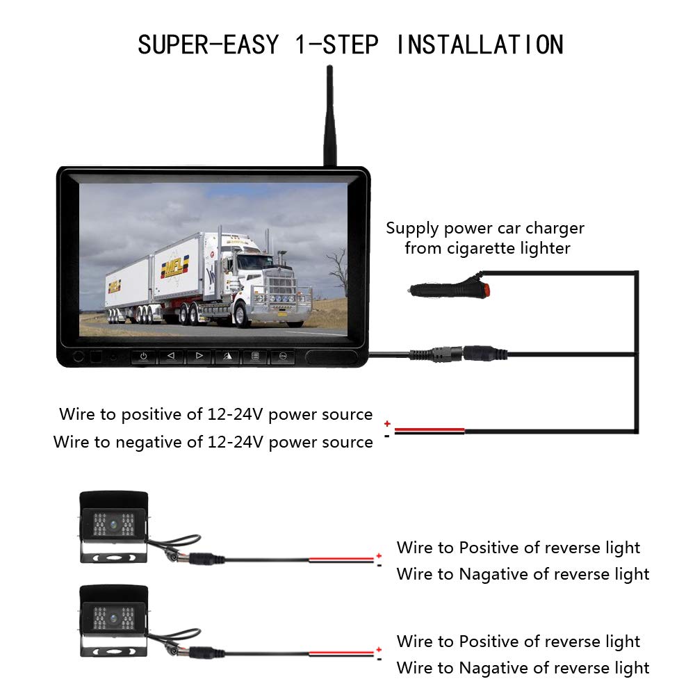 Cámara de Marcha Atrás Inalámbrica Digital, Kit de Cámara de Visión Trasera con Monitor LCD 7 Pulgadas, 2 Camaras IP69 Impermeable Visión Nocturna por Infrarrojos, 12-36V para Coches Caravanas Camión