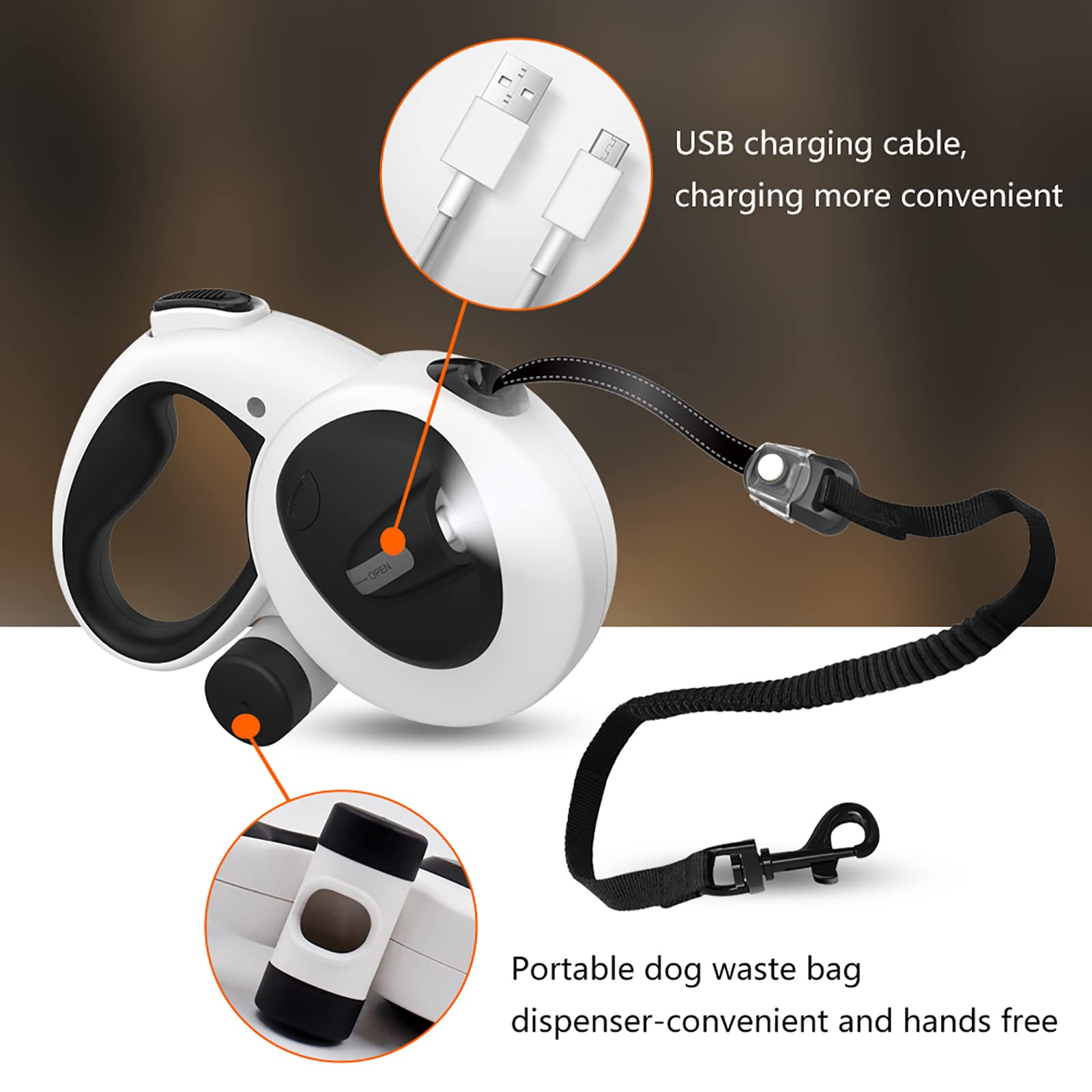 Fuerte Reflexivo Correa Perro Extensible, Correa De Perro Retráctil con Dosificador and Luz LED, Correa De Perro para Adiestramiento Y Paseo para Perros De hasta 50Kg/110lbs (5m/16ft)