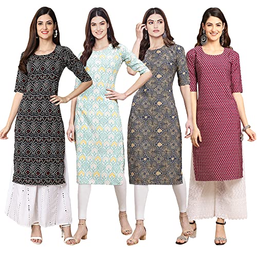 Image of Pinkmint Women's Crepe Digital Print Straight Kurta [Pack of 4] (CCV-334-338-339-335)