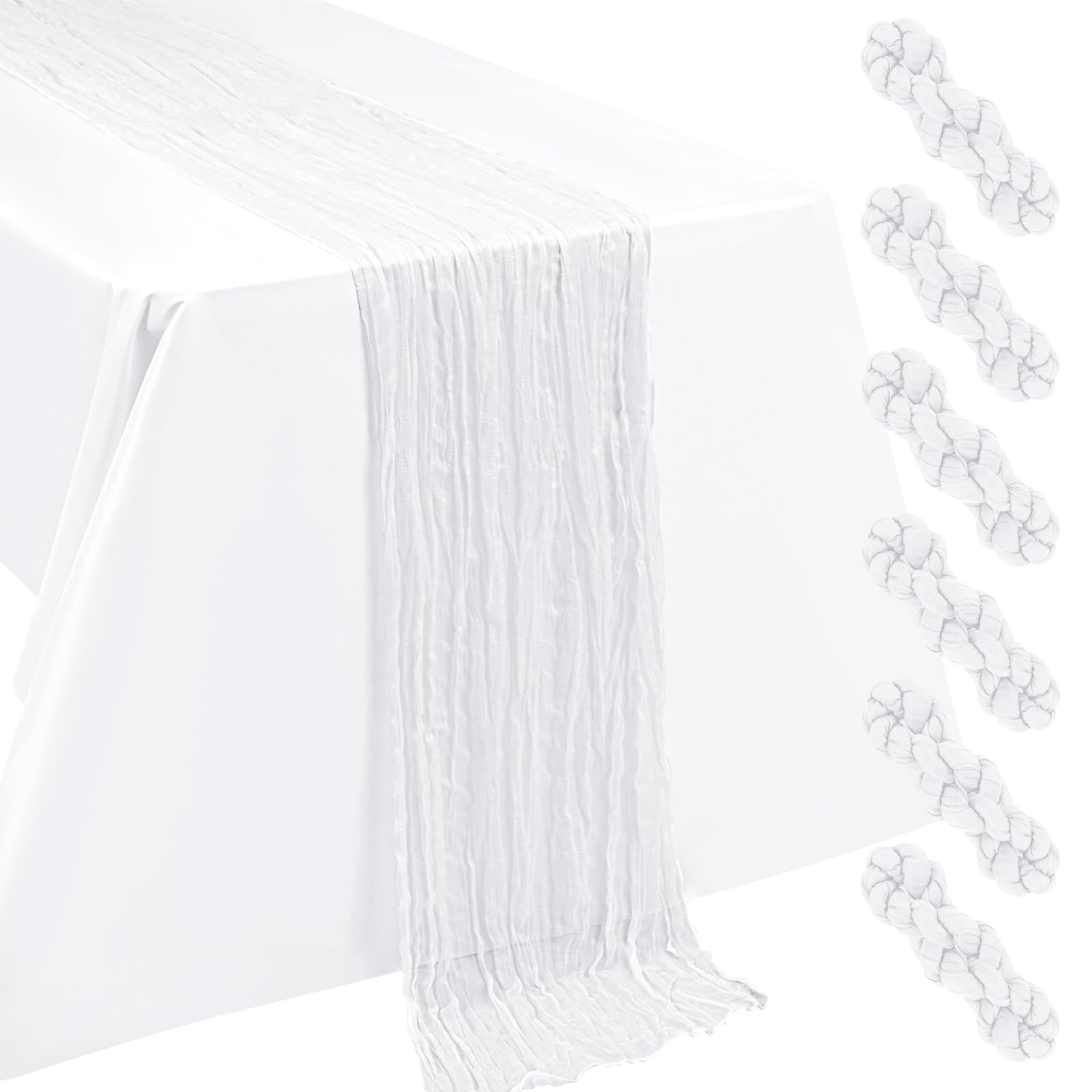 6 pièces de Nappe en Mousseline de Lin Blanc 55x300cm Boho Gaze Tissu fromage Chemin de table 10FT Longues rustiques Tissu Décorations de table pour la fête de mariage, la mariée, la baby shower