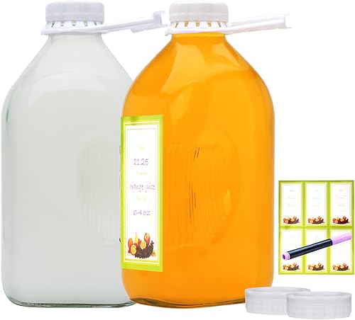 Paquete de 2 botellas de leche de vidrio resistentes de 64 onzas, botella de agua de vidrio de 2 cuartos de galón con 2 líneas de escala exacta,
