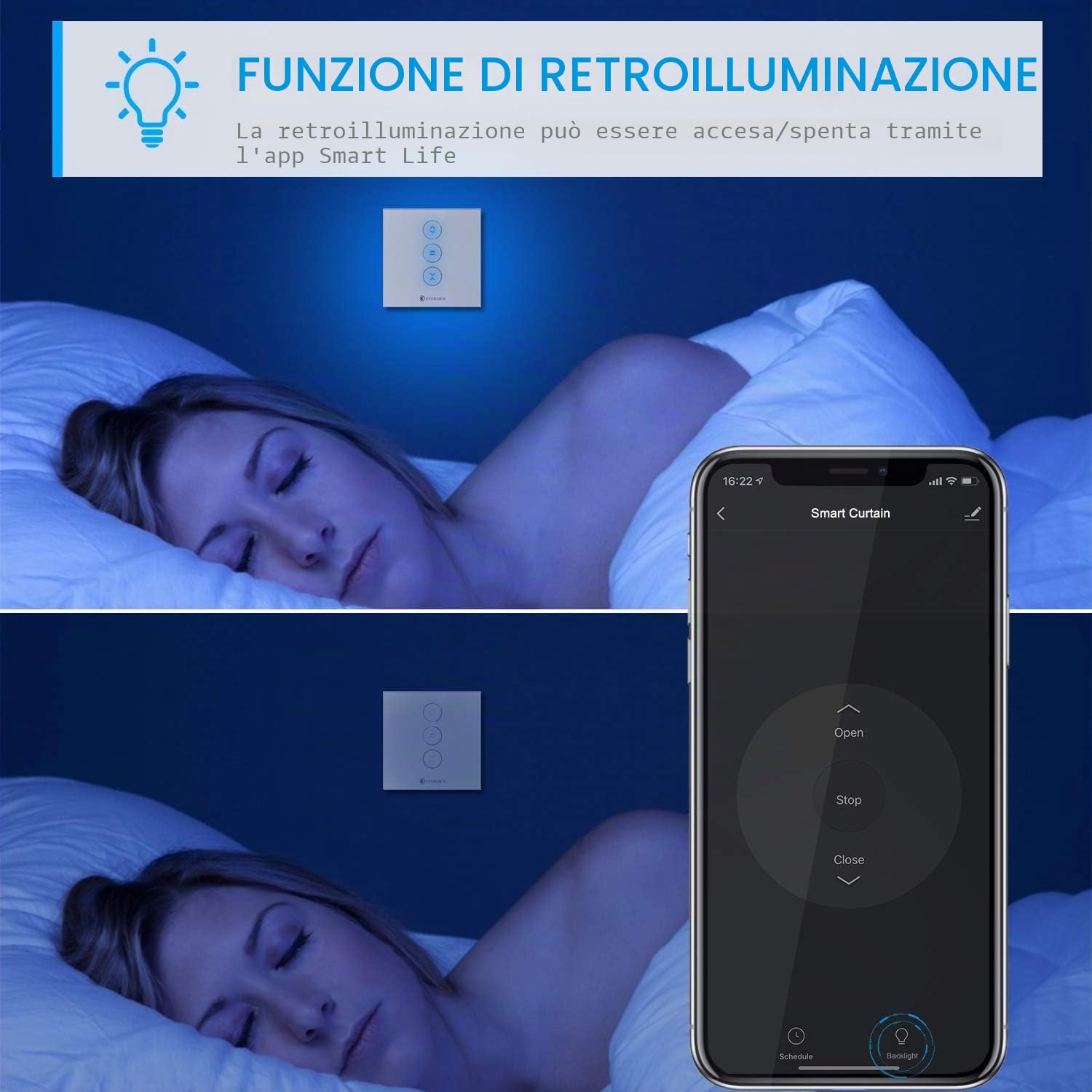 WiFi Interruttore Tocca Collegato, Etersky Interruttore Intelligente Parete Tenda Compatibile con Alexa e Google Home, Interruttore a Parete Touch Controllato APP Remote Timer e Condividi