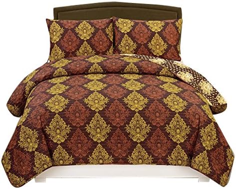Couture Home Collection Luxurious Reversible Lightweight & Cozy All Seasons Damask Printed 3 Piece Quilt Set Miranda Plum King