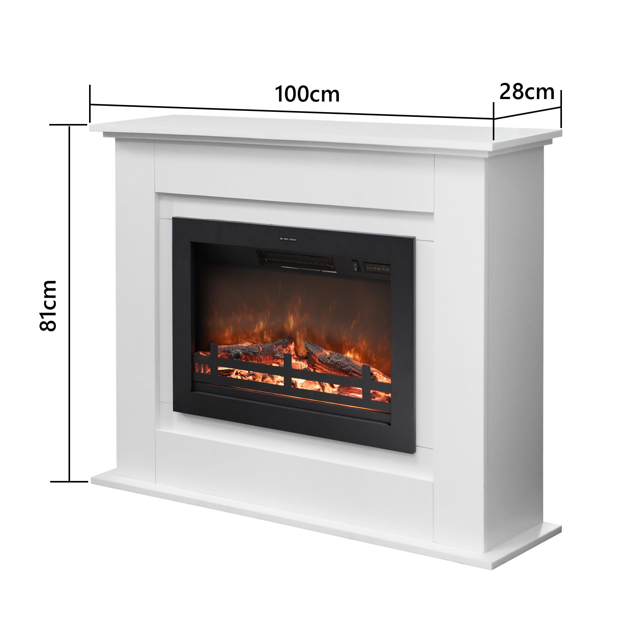 100cm Camino elettrico con mantello, Firebox circostante in legno, indipendente, luminosità della fiamma regolabile, bianco avorio, set di 2