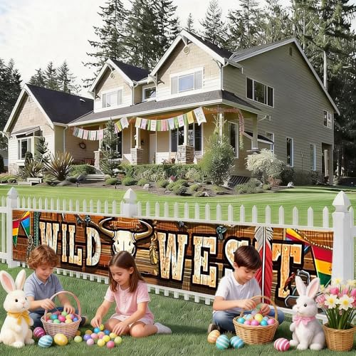 Image of 78.7 x 17.7 Inch Wild West Banner Cowboy Theme Party Yard Decorations Rustic Wood Bull Skull Summer Outdoor Decor Fence Sign