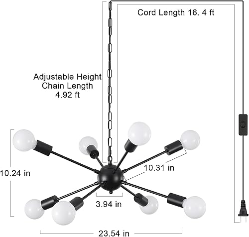 Miniatura 3 de ALISADABOY Candelabro enchufable para comedor, lámpara de araña negra enchufable, luz Sputnik con cable de 16.4 pies, 8 luces colgantes Sputnik para