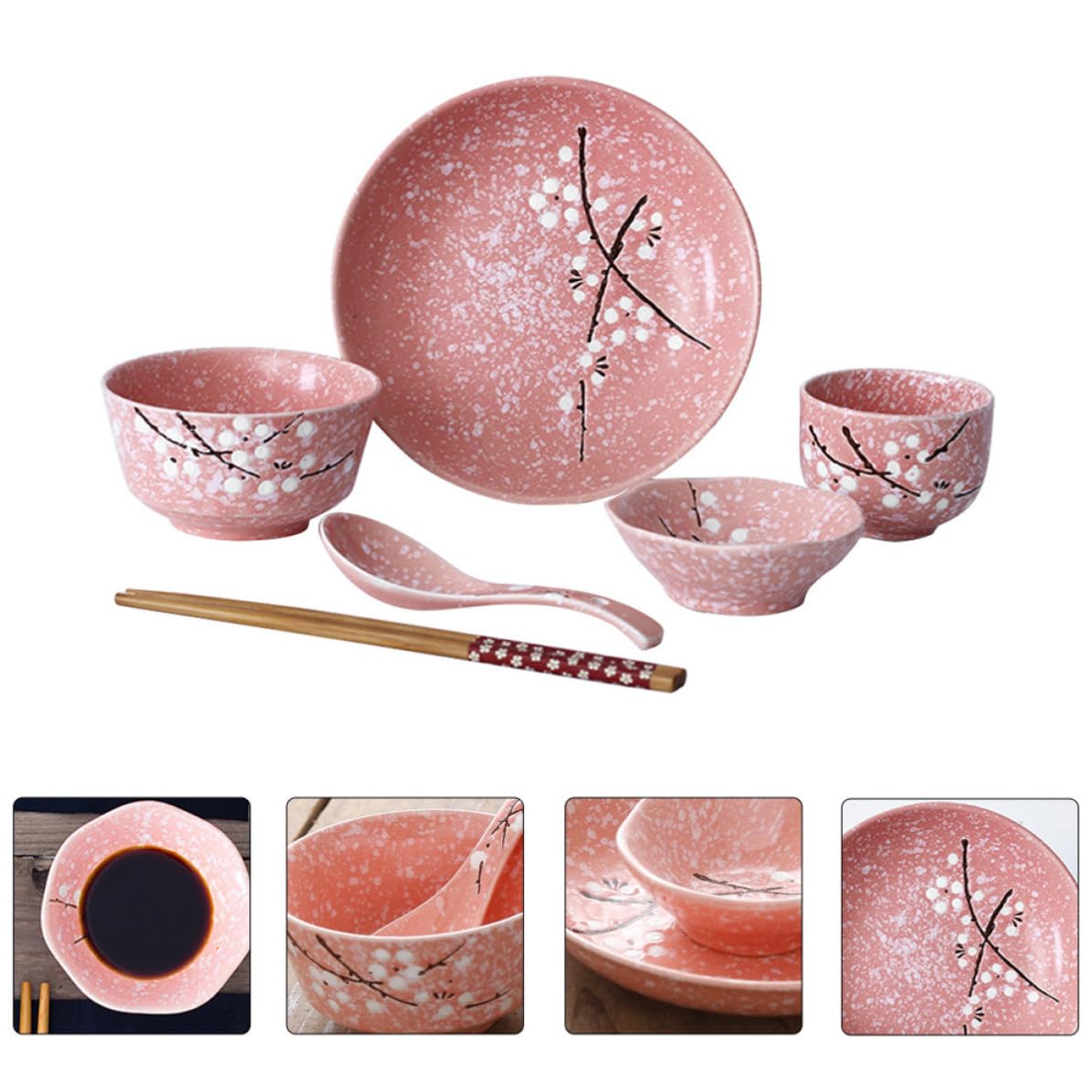 Juego de Vajilla y 12 Piezas Rosa de Cerámica Estilo Japonés Diseño Delicado para Servir y Disfrutar para Cena en Casa