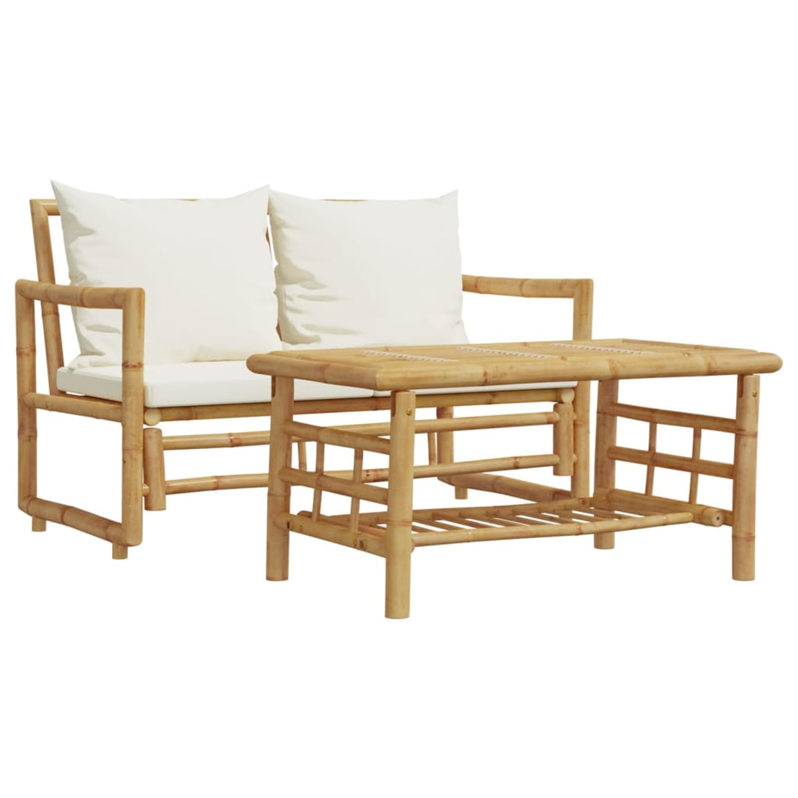 Homgoday Set da Giardino in BAMB¨´ con Tavolo e Divano a 2 Posti, Cuscini Sfoderabili e Lavabili, Bianco Crema, Capacit¨¤ di Carico 110 kg per Posto, Ideale per Esterni