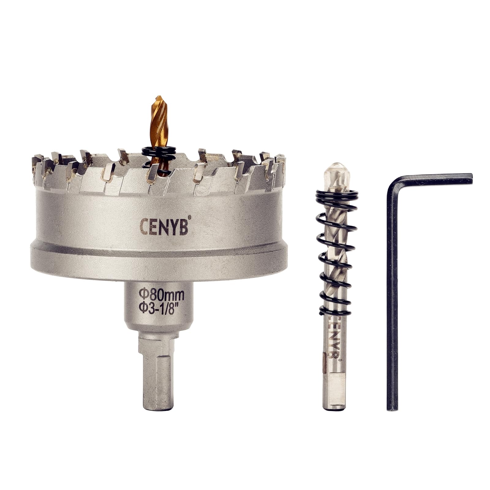 CENYB 3-1/8" (80mm) Tungsten Carbide Tipped Hole Saw with 2Pcs Titanium-Plated Pilot Drill Bits for Hard Metal,Stainless Steel,Iron,Aluminum Alloy,