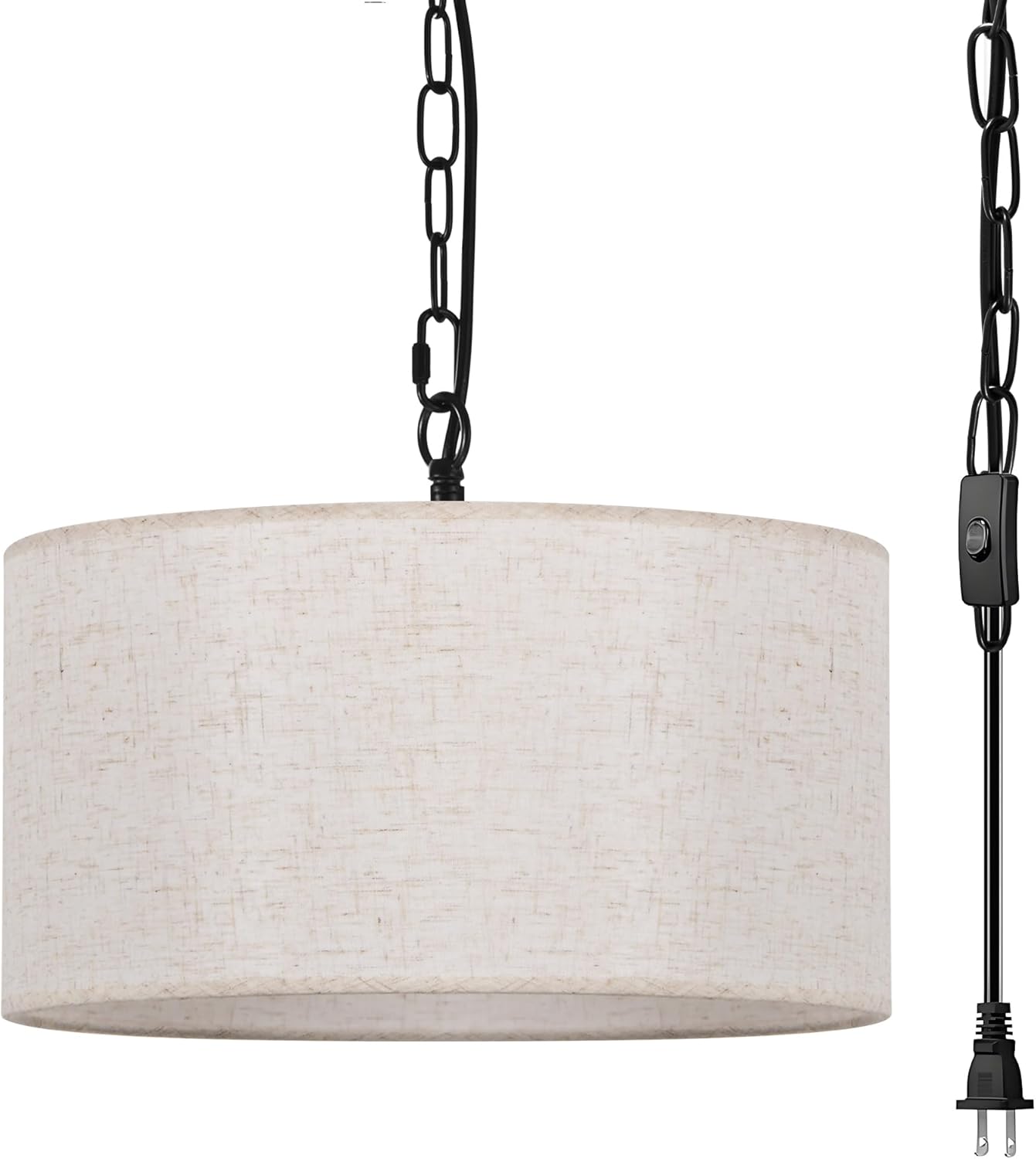 3-Light Plug in Pendant Light with Linen Drum Shade, 15FT Cord & 11.8FT Chain, Adjustable Hanging Height Chandelier with Inline Switch Modern Hanging Lamp for Bedroom Living Room Dining Room
