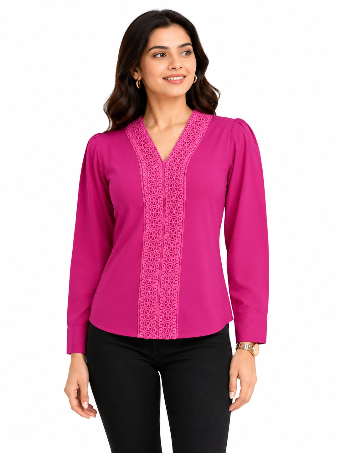 Women's Solid Lavender Cotton Blend Casual Top | Round Neck | Roll-Up Sleeves | Regular Fit Office Wear Shirt for Women-picture-39