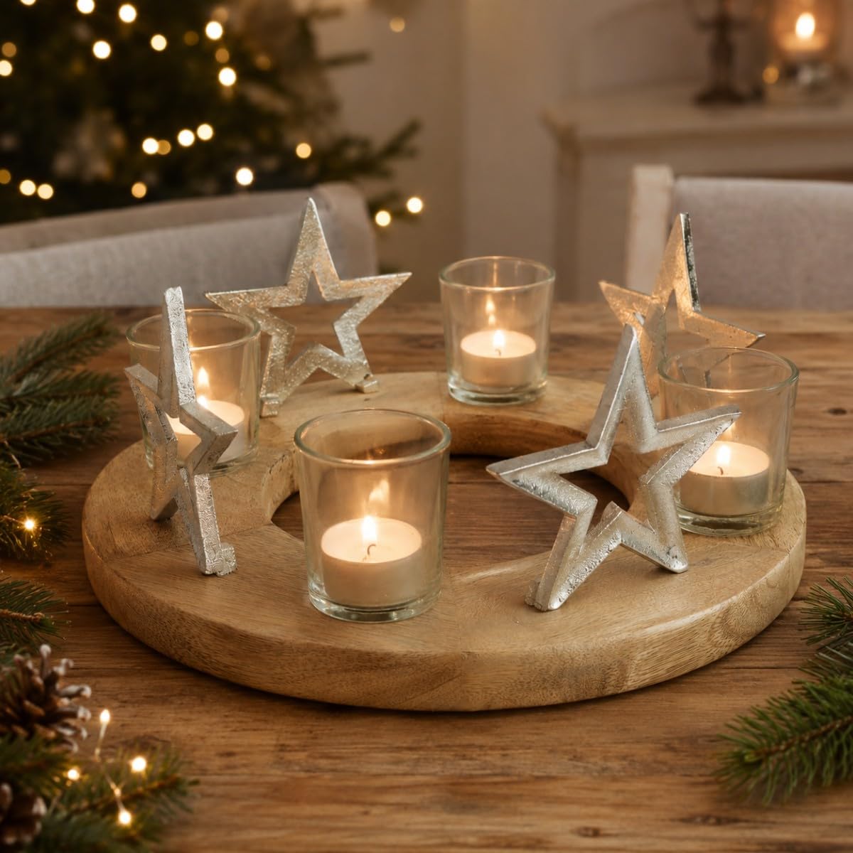 Corona de Adviento de madera, Decoracion con portavelas y estrellas, portavelas de Adviento, madera de mango natural, 30 x 12 cm
