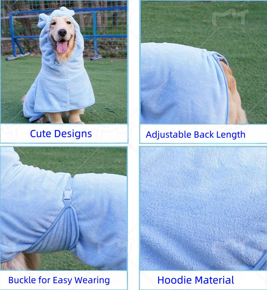 Fnaobai Pet Bathrobe for Dog Cat Absorbently Quick Drying Coat Cute Dogs Bath Towel Hooded Robe Adjustable Collar & Belly Strap for Pool Beach (Blue - Image 2