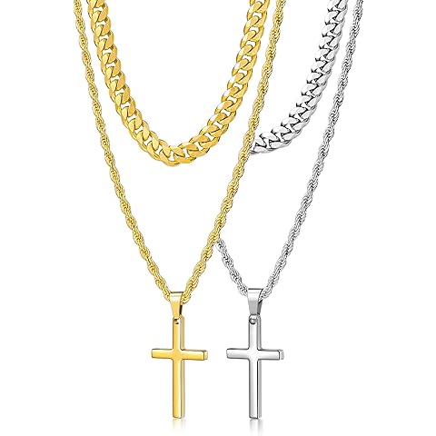 Romass 4Pcs Cross Necklace for Men,Stainless Steel Chains for Men Layered Necklaces Silver Gold Black Pendant Jewelry Box Gifts 18-24 Inches