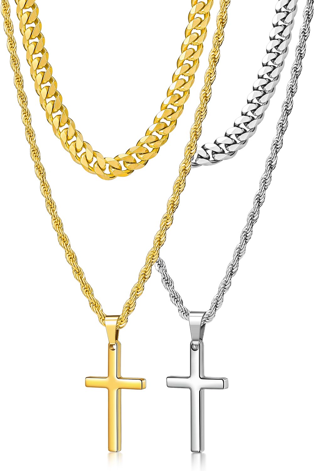 Romass 4Pcs Cross Necklace for Men Teen Boys,Stainless Steel Chains for Men Layered Necklaces Silver Gold Black Pendant Jewelry Box Gifts 18-24 Inches