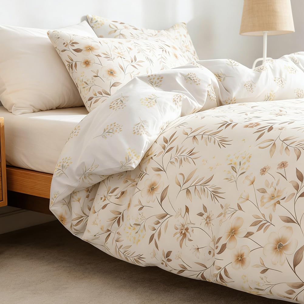 AShanlan Bettwäsche 135x200 Beige Weiß Blumen Blätter Bettwäsche-Sets Bettbezug und Kissenbezug 80x80 cm ÖKO-TEX Microfaser Botanisch Wendebettwäsche Set mit Reißverschluss