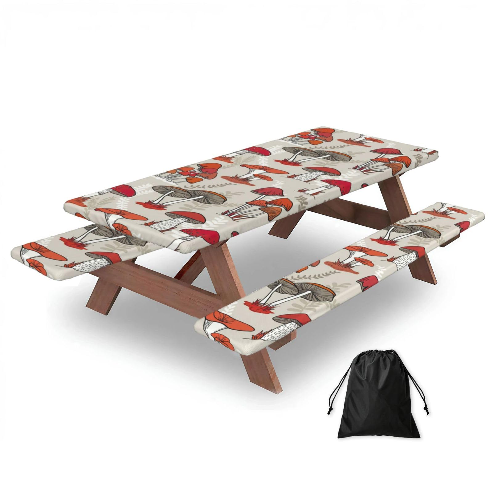Zyjhyy Black Red Mushrooms Print 3 Pack Wipeable Picnic Bench Cover And Table Cover Lightweight Table Cloth For Camping Outdoor