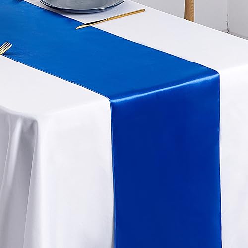 Miniatura 5 de SiinvdaBZX 4 caminos de mesa de satén azul rey de 12 x 108 pulgadas de largo, decoración de camino de mesa de boda de satén suave brillante para