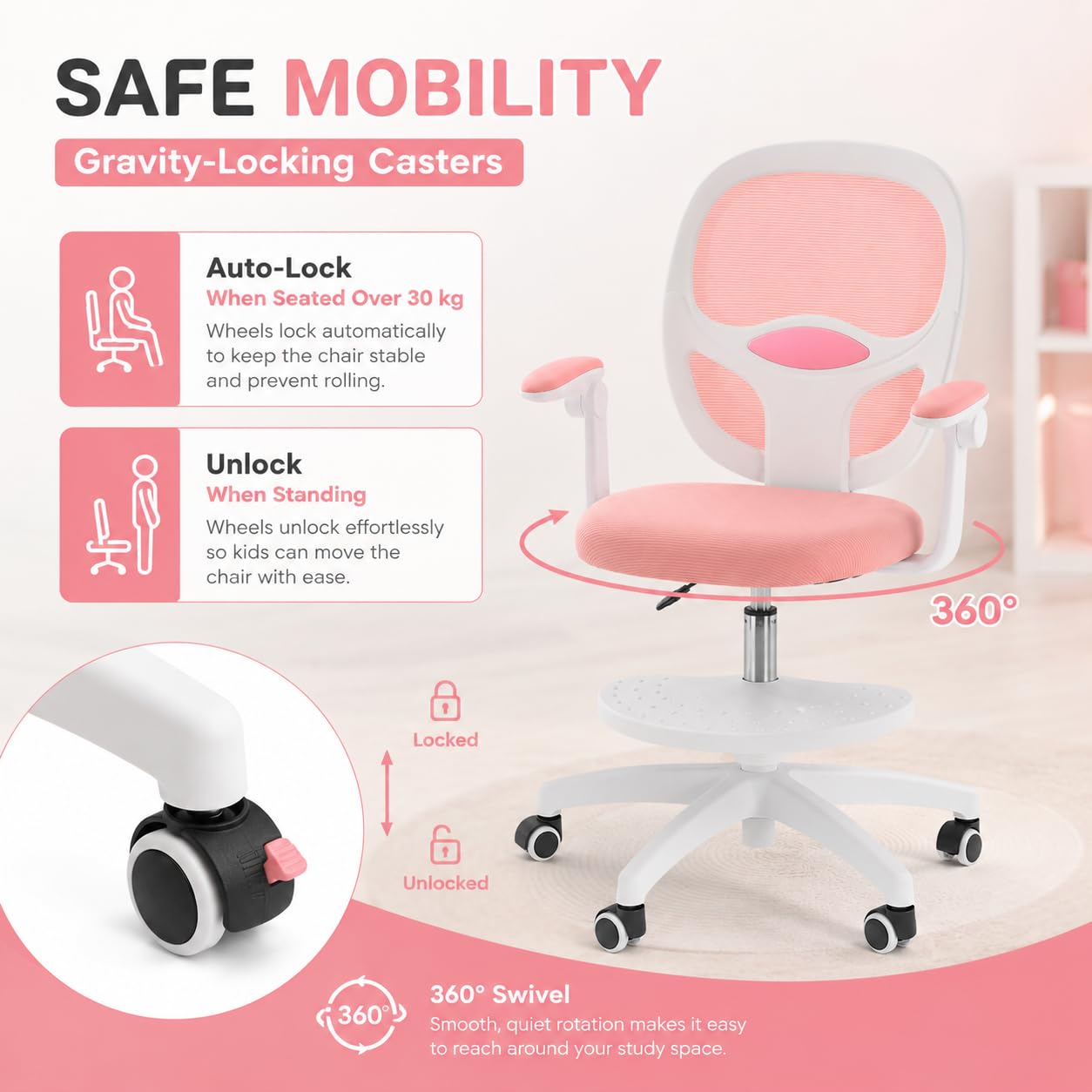 Sedia da scrivania per bambini, regolabile in altezza, 50 kg, rosa | rete, schiuma, forma a sella, pieghevole a 90°, 50 kg, ruote a gravità, girevole a 360°, seduta da 10 cm + poggiapiedi, 5-13J