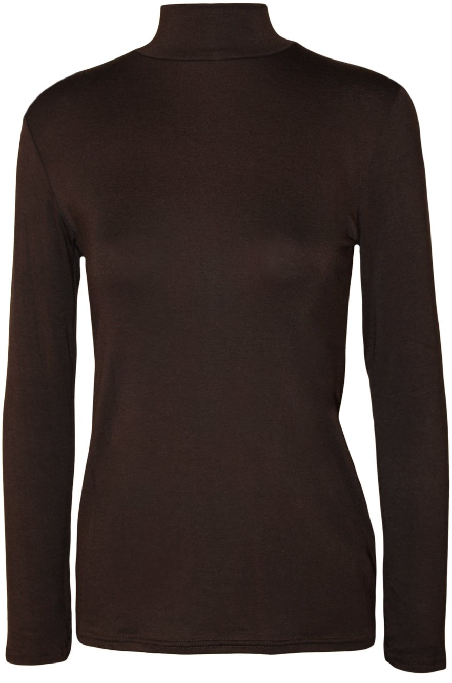 Wearall Women's Dark Brown Plain Turtle Neck Long Sleeve Thin Jersey Stretch Top - 8-10