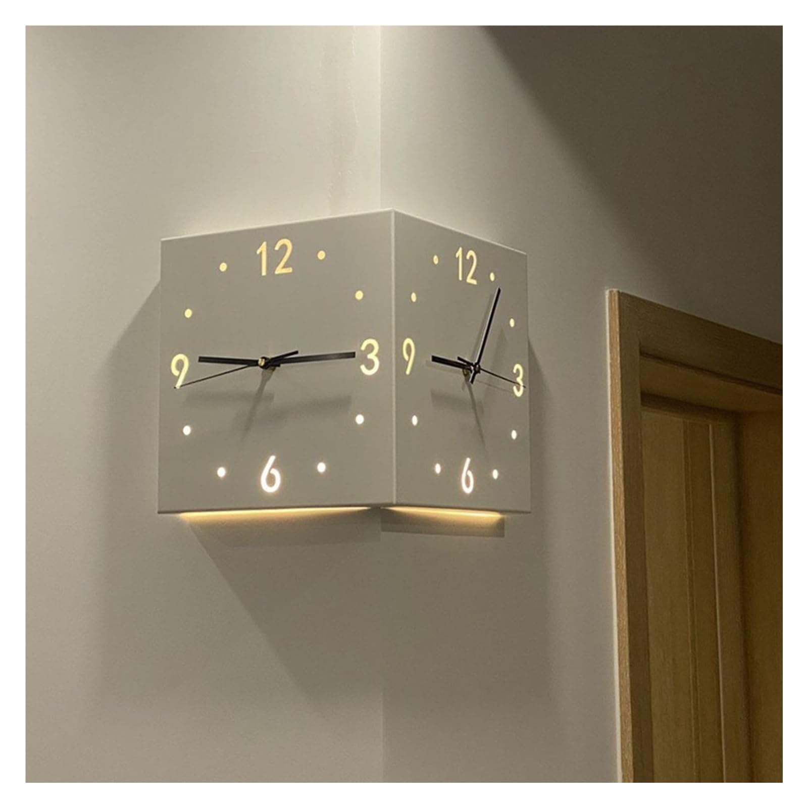 Dekoracje ścienne do domu, Zegar ścienny narożny z oświetleniem LED, czujnik, dwustronny zegar(Yellow)