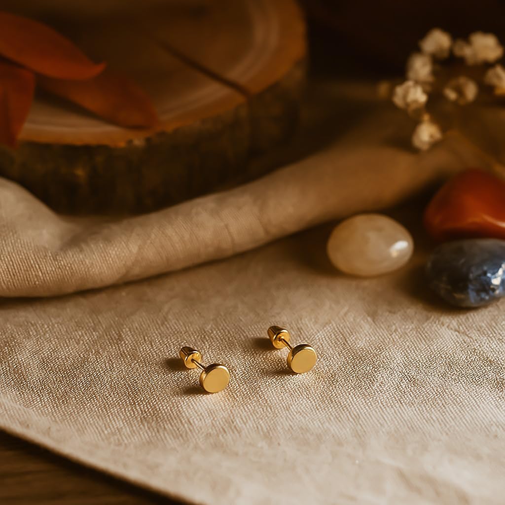 Hoberta Real 14k solid Round Yellow Gold Tiny Circle Stud Earrings with Screw back for Women And Men for Sensitive ears Small & Minimalist Dot Studs Jewelry for Valentine's Day Gifts