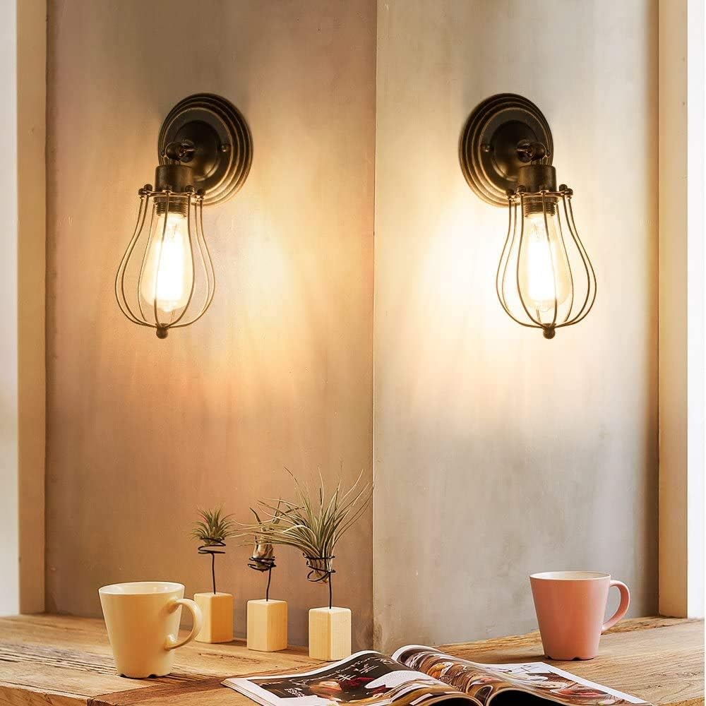 GLADFRESIT Vintage Wall Sconces Set of Two Industrial Wire Cage Light, Vintage Metal Barn Wall lamp, Indoor Farmhouse Lights Fixture Adjustable Lighting (Bulb Not Included)