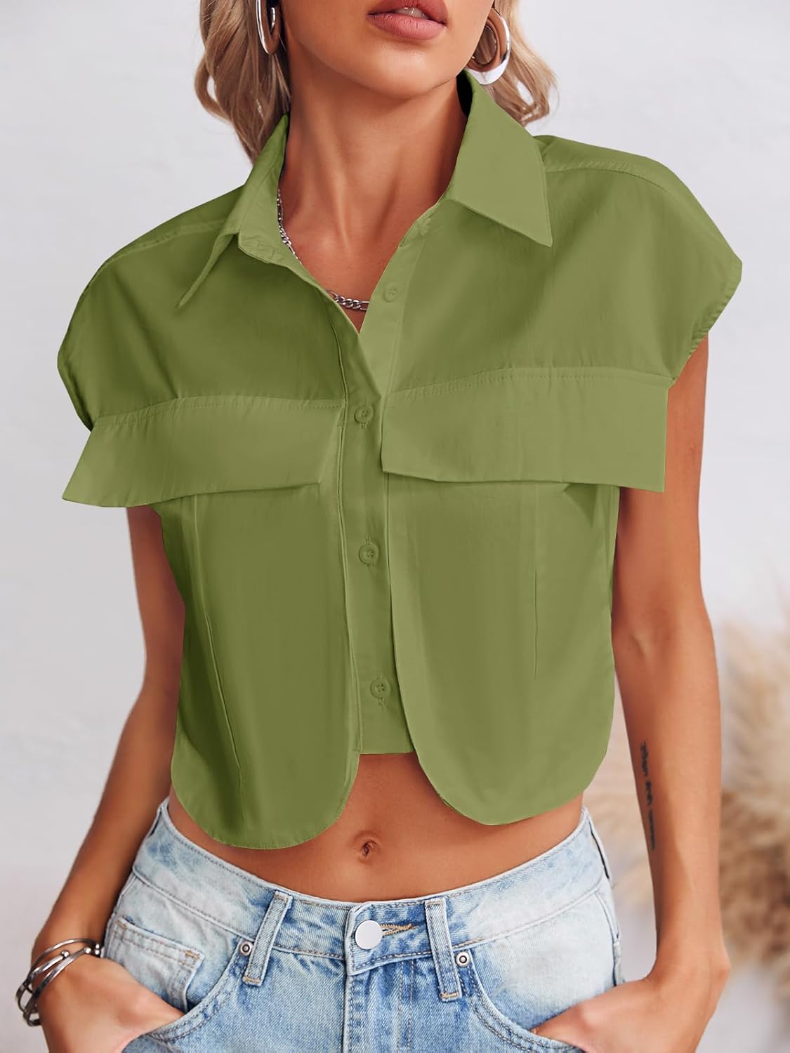 Tankaneo Womens Button Down Shirts Cute Summer Cap Sleeve Crop Tops Blouse - Image 2