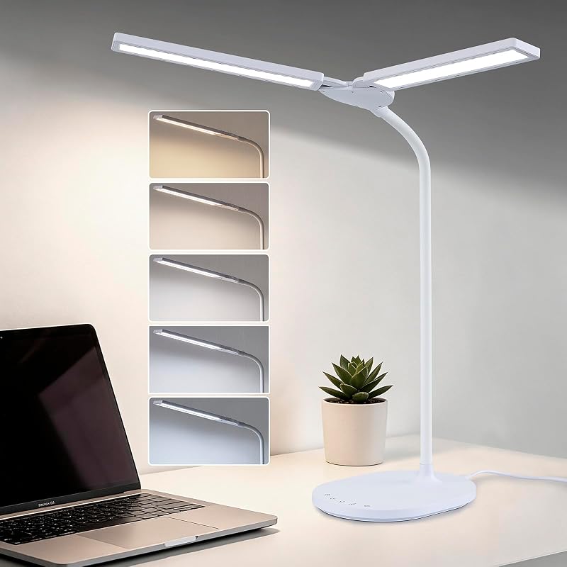 Lámpara de escritorio LED, lámpara de escritorio brillante de 2400 lux para oficina en casa, lámpara de escritorio ajustable de doble cabezal con 5 modos de color, atenuación continua, cuello de cisne de 360°, temporizador automático, luz de tarea para el cuidado de los ojos