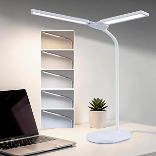 Lámpara de escritorio LED, lámpara de escritorio brillante de 2400 lux para oficina en casa, lámpara de escritorio ajustable de doble cabezal con 5 modos de color, atenuación continua, cuello de cisne de 360°, temporizador automático, luz de tarea para el cuidado de los ojos