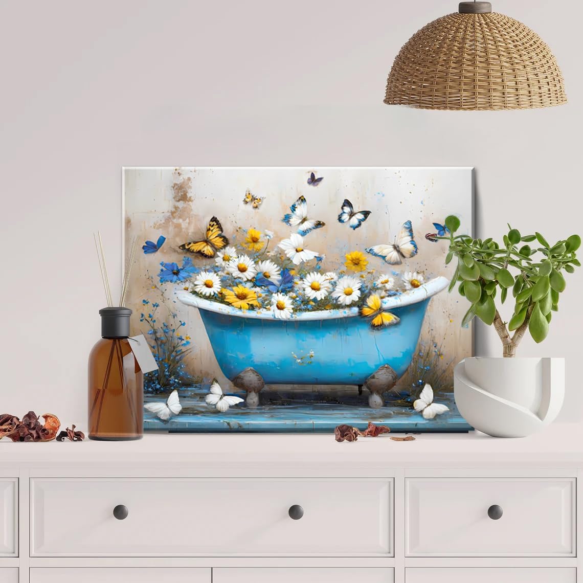 ZOQIPQO Bathtub Wall Art, Watercolor Blue Bathtub Flowers and Butterflies, Wildflowers Butterflies Wall Art for Hallway Bathroom (16 X 12 Inch)