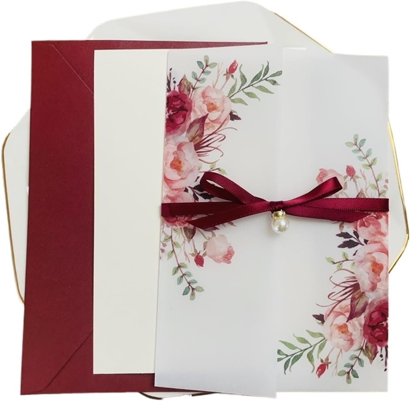 25pcs Blush Pink Floral Clear Vellum Jacket Cards Wedding Invitations with Envelopes Sweet 15 Invites(Burgundy,Pocket with Diamond)