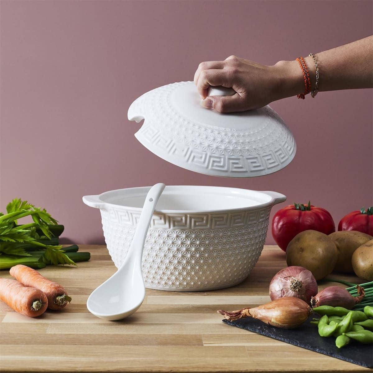 AltoBuy Service à Soupe en céramique Blanche avec soupière (2,7 L), louche et 6 Bols (25 cl)
