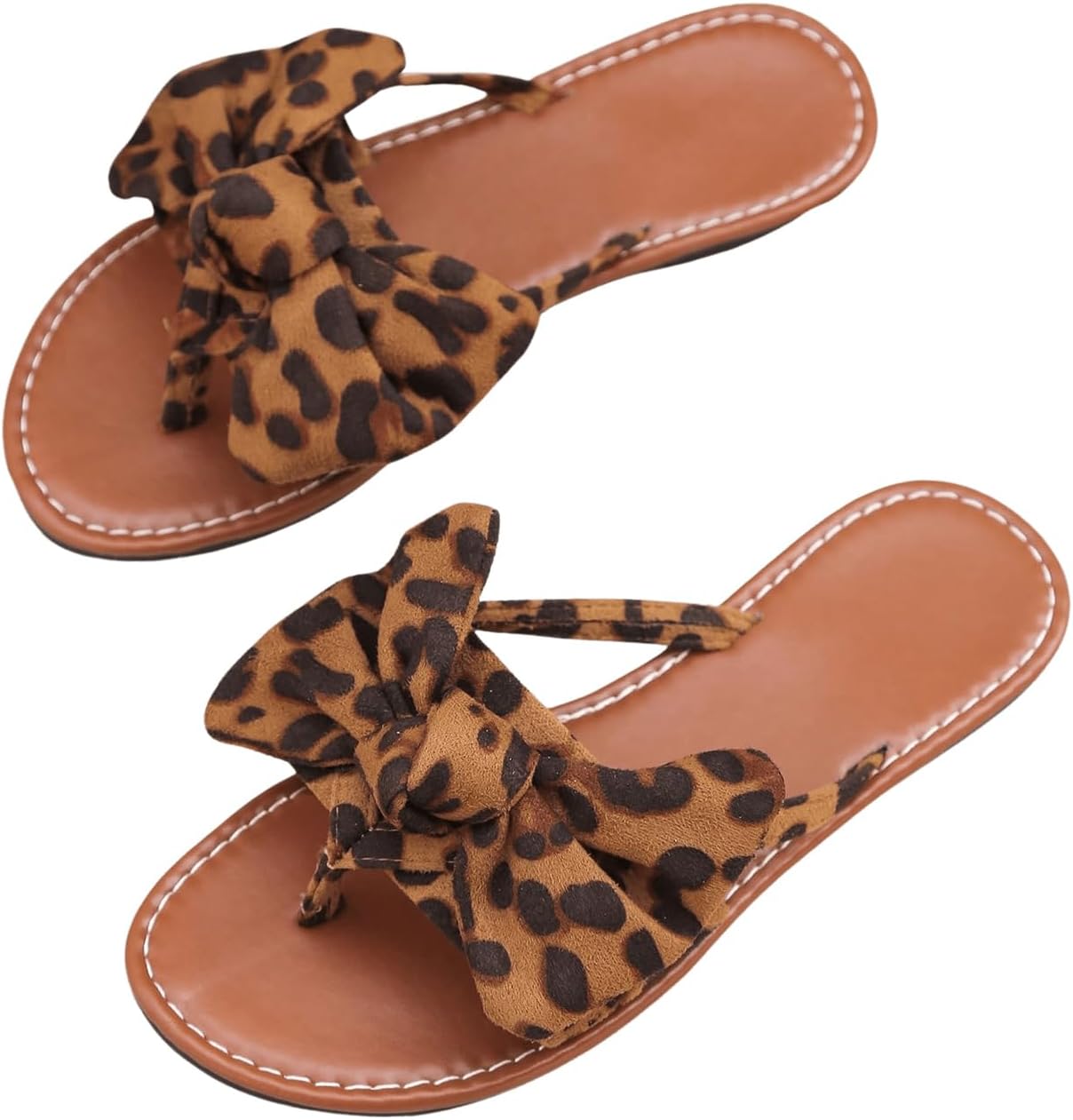 Women's Leopard Print Bow Flat Sandals Slip On Open Toe Flip Flops Slide Sandal