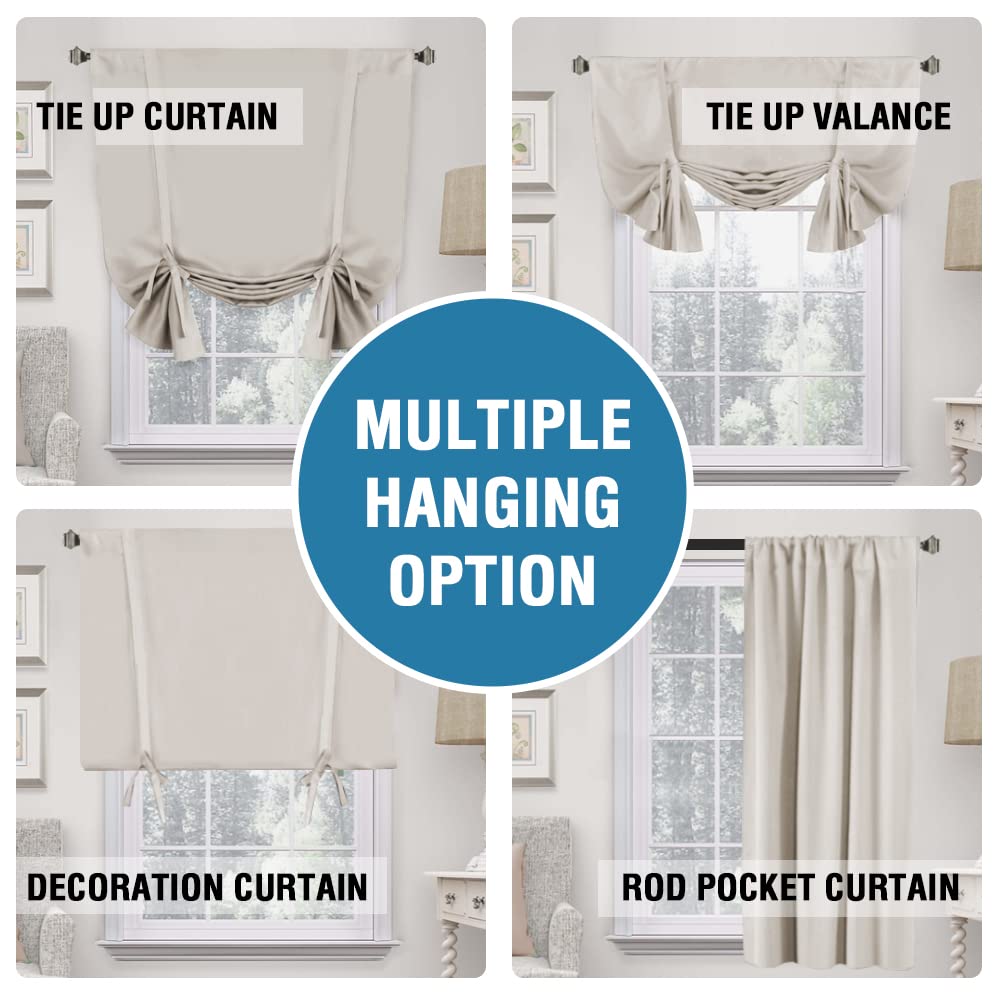 H.VERSAILTEX 100% Blackout Tie Up Curtains for Bedroom Thermal Insulated Kitchen Curtains 45 inches Long Rod Pocket Blackout Curtains for Small Window / Bathroom with Black Liner, Pumice Stone