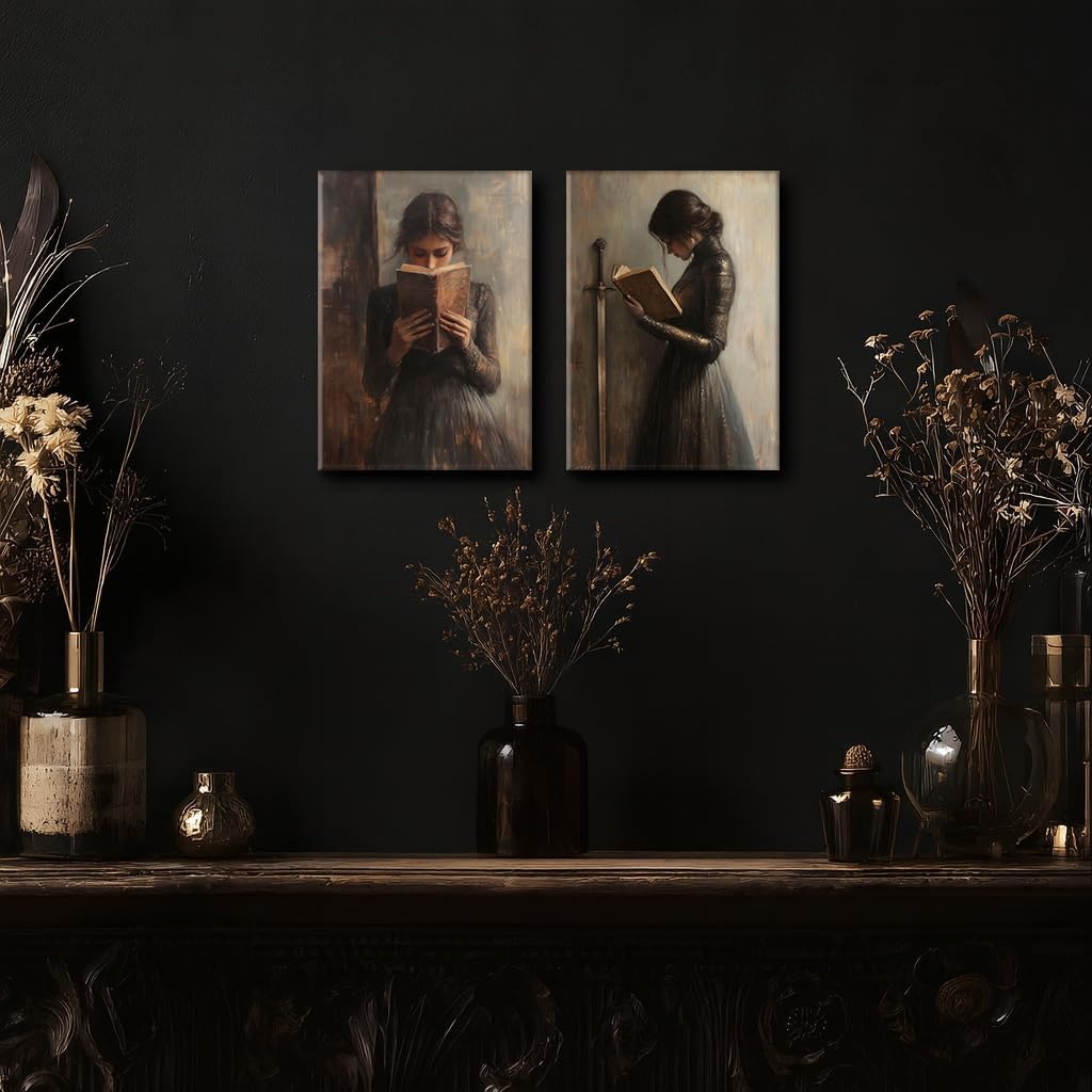 Dark Academia Wall Art Dark Moody College Girl Painting Poster Print Gothic Victorian Woman Reading Magic Book Picture Wall Decor for Library Corner Bedroom Dorm Living Room 12x16 In