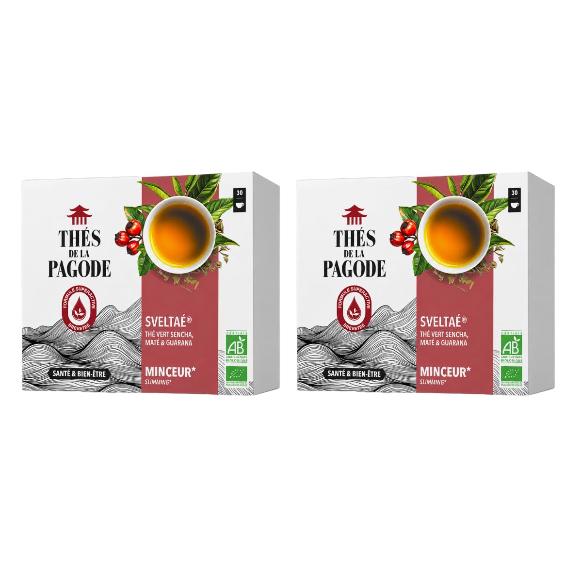 Thés de la Pagode | Té Sveltaé Ecológico para Control de Peso | Lote de 2x 30 bolsitas | Té Verde Sencha, Mate y Guaraná | Con Notas de Limón, Bergamota y Menta | Para Disfrutar Caliente o Frío