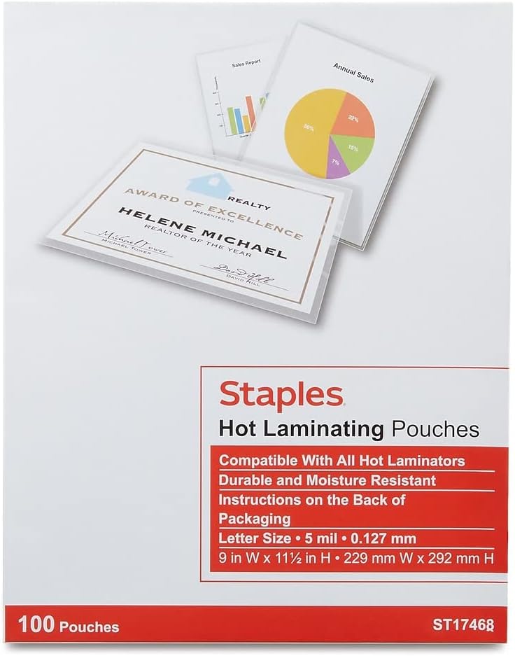 Staples 489526 5 Mil Thermal Laminating Pouches Letter Size 100 Pack