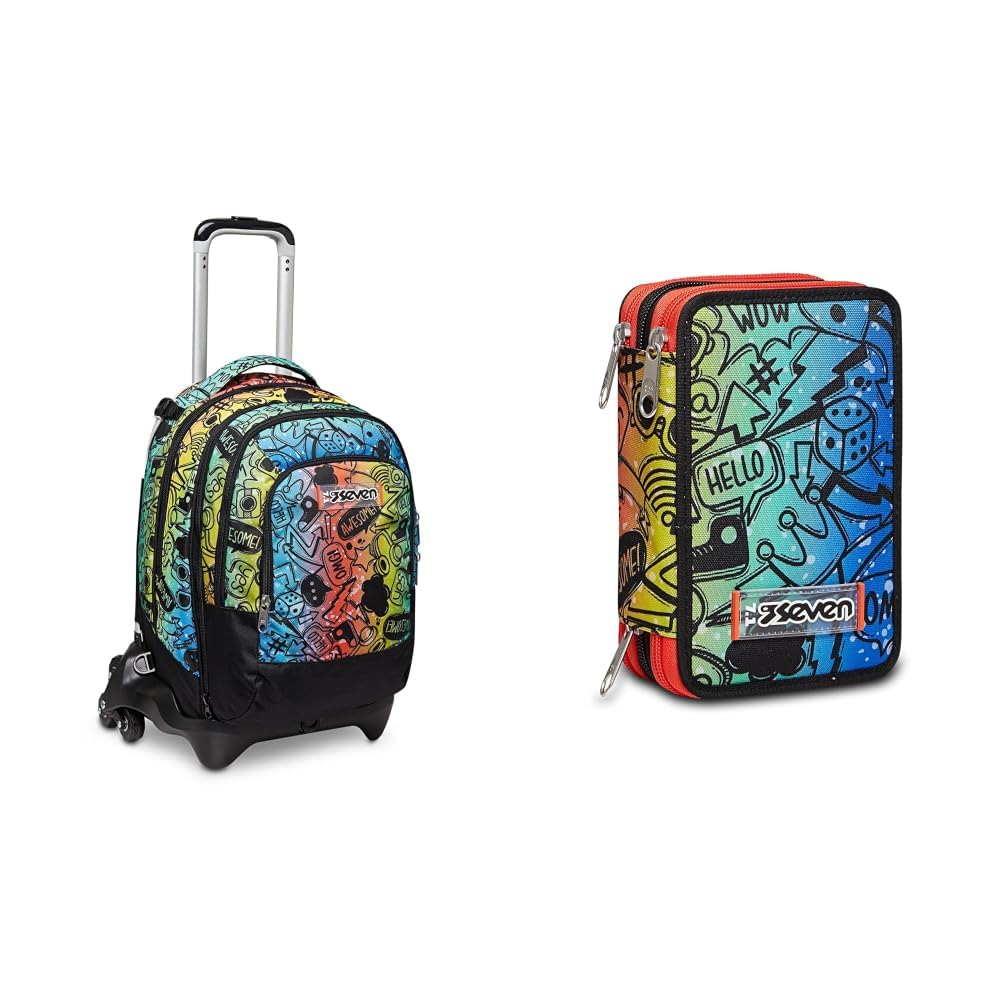 Seven Set Schulranzen mit Rollen, Schulrucksack Mädchen Junge 1. klasse, Rucksack mit Trolley Funktion, 2 in 1 Trolley + Mäppchen mit 3 Fächern