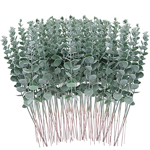 FEQO 90 Tallos de eucalipto Artificiales de 15 Pulgadas, Ramas de eucalipto sintético para Ramo de Boda, decoración del hogar, Color Gris y Verde