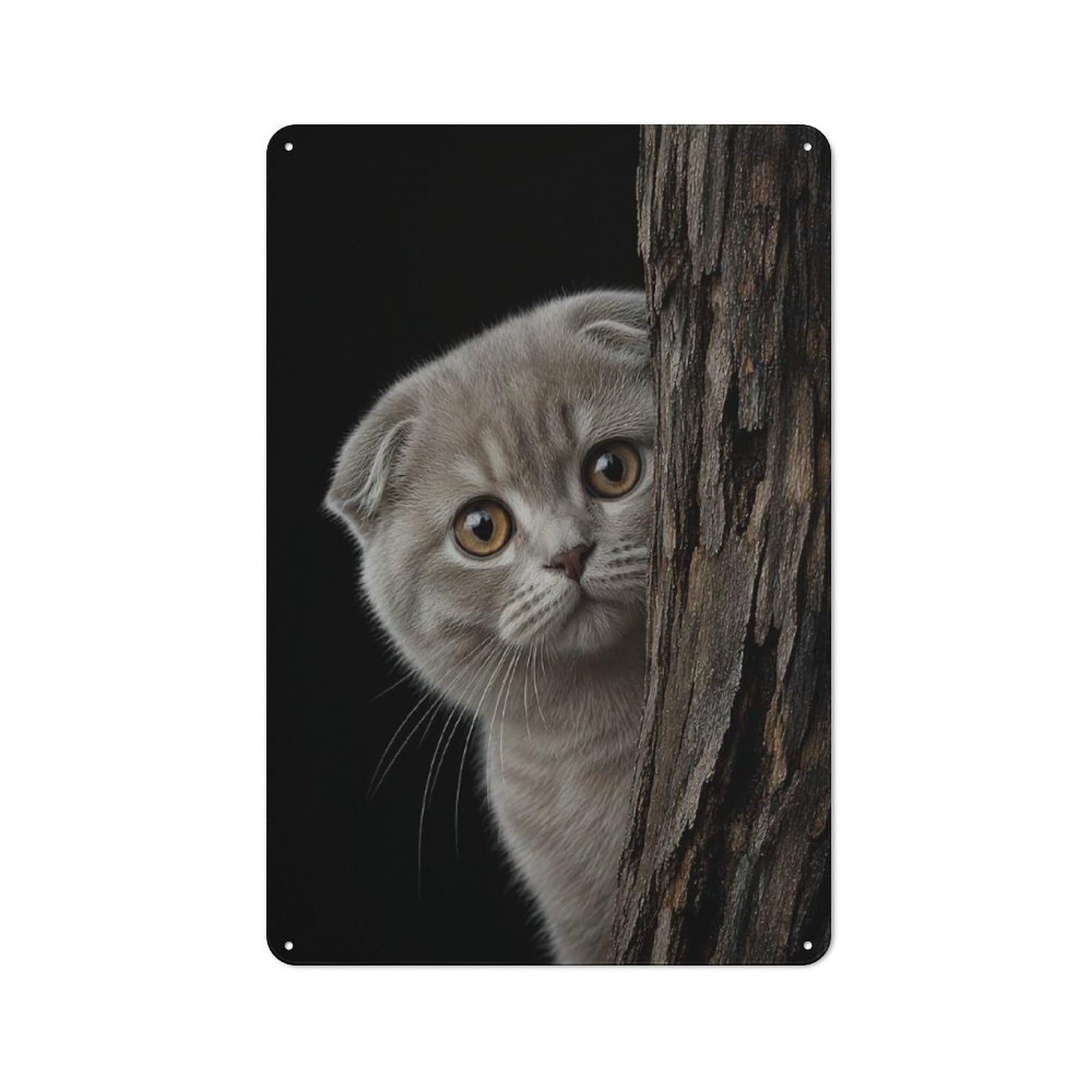 Scottish Fold Kitten Peeking from Behind Tree Retro Printed Metal Sign 30x20cm for Kitchen Or Home Bar, for Garage, Workshop And Man Cave Decoration