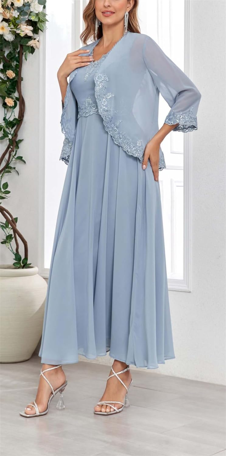 Robe longue mère de la mariée pour femme avec veste 2 pièces en mousseline de soie formelle robe d'invité de mariage