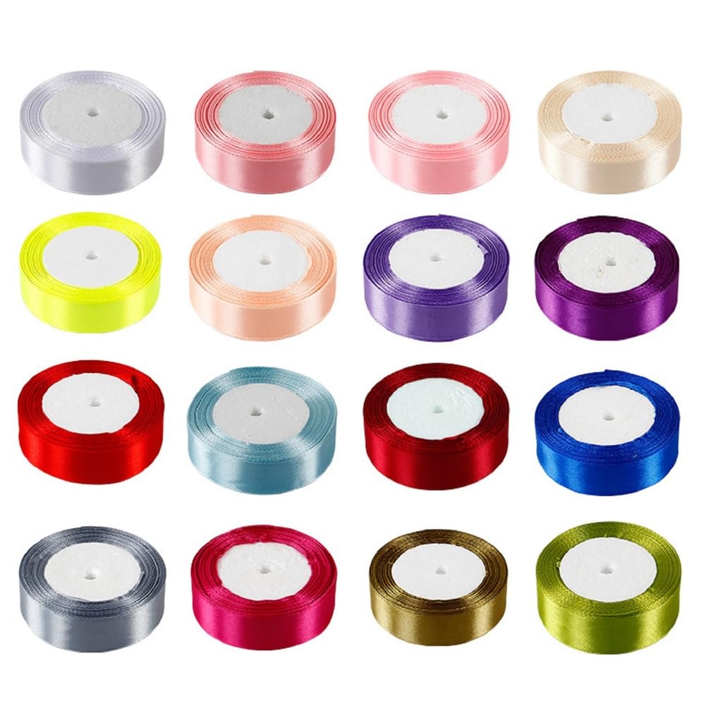 15 Rollen-Band für Geschenkverpackung, 25mm*22m Satin-Band-Rollen, Doppelseitiges Satinband, Bunte Gewebe-Bänder, einfarbiges Gewebe-Band für Geschenkverpackung