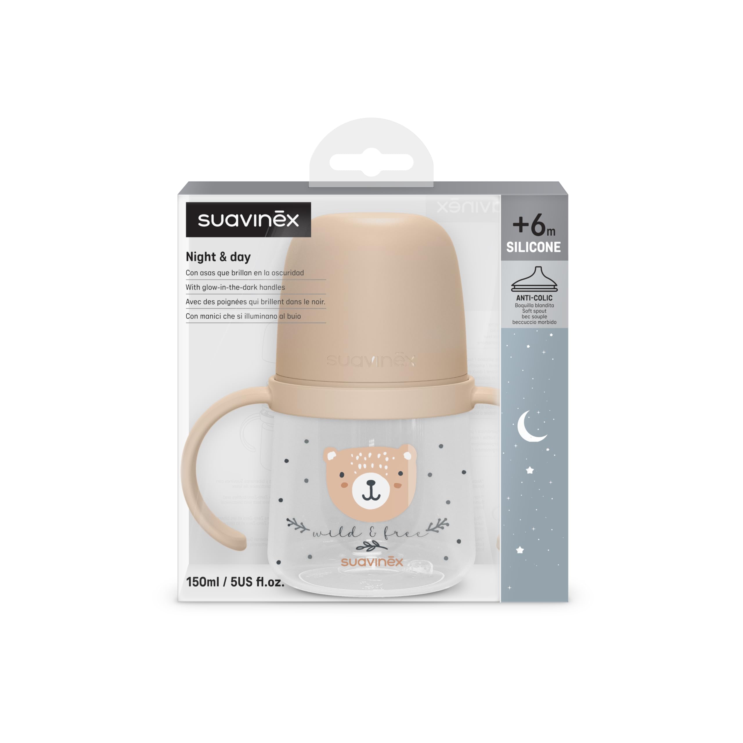 Suavinex, Tasse Apprentissage Bébé, Biberon avec Poignée, Brillent dans le Noir, Gobelet avec Bec Anti-fuites en Silicone, avec Valve Anti-Colique, pour Bébés +6 Mois, Idéal Nuit, 150 ml, Beige