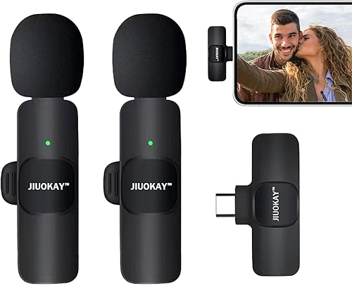 JIUOKAY Paquete de 2 micrófonos Lavalier inalámbricos para Samsung Galaxy Tab USB C para grabar entrevistas, podcasts, vlog, zoom, Facebook TikTok